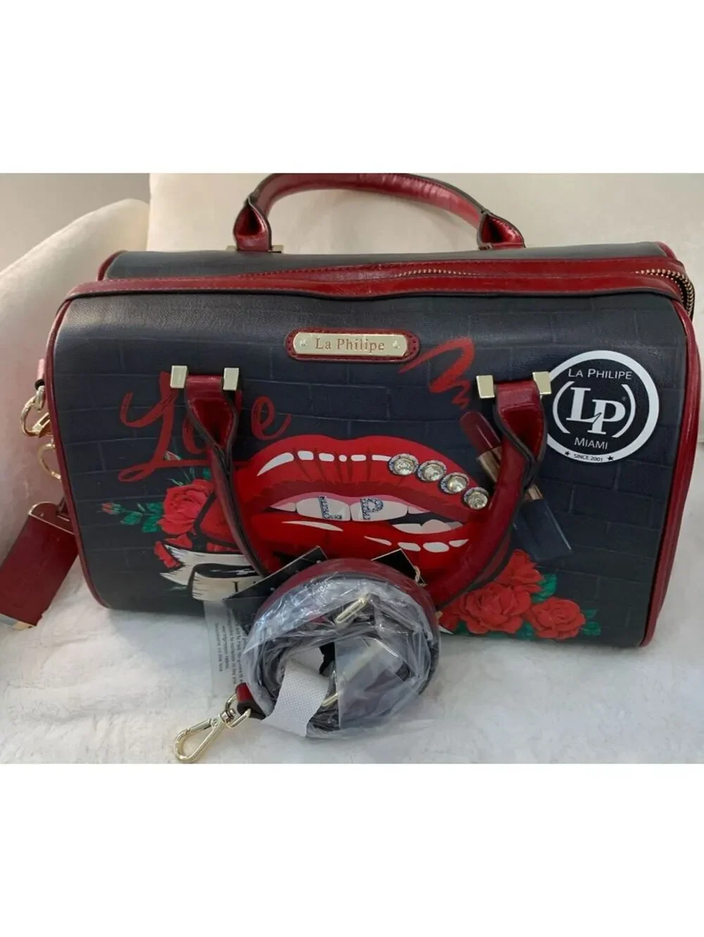 La Philipe Miami Designer Handbag with Red Lip Print and Emb